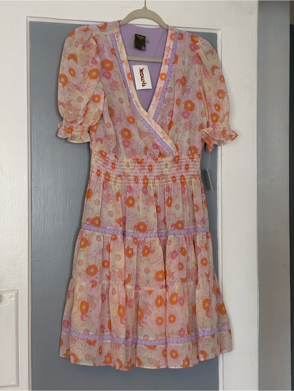NWT Taylor Floral Wrap Midi Dress in  Orange, Lavender, and Yellow - Size 6